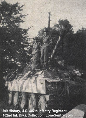 [German Panther tank captured or destroyed by U.S. 407th Infantry Regiment, probably near Fallersleben.]